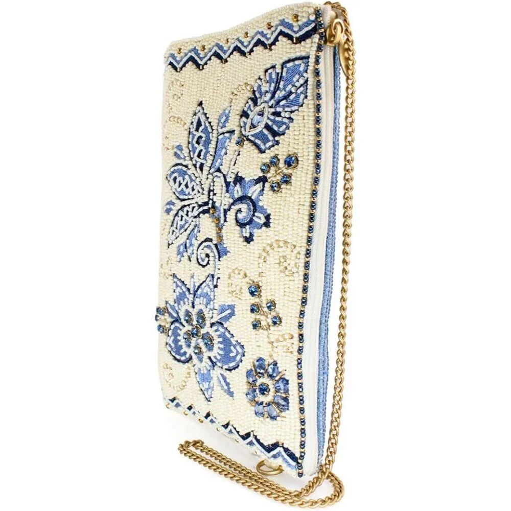 Beaded Floral Crossbody Cell Phone Bag Clutch Vegan Friendly Ivory Blue